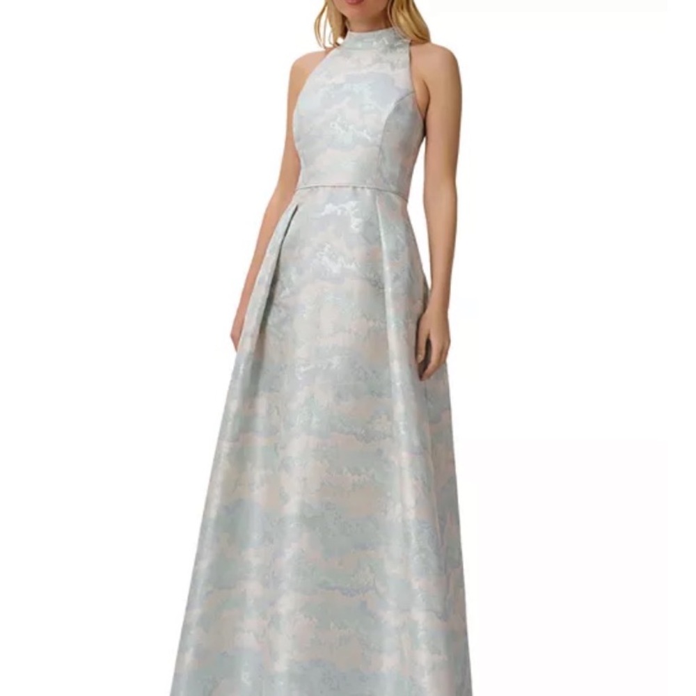 Aidan Mattox Metallic Jacquard Halter Gown in Blue Mist